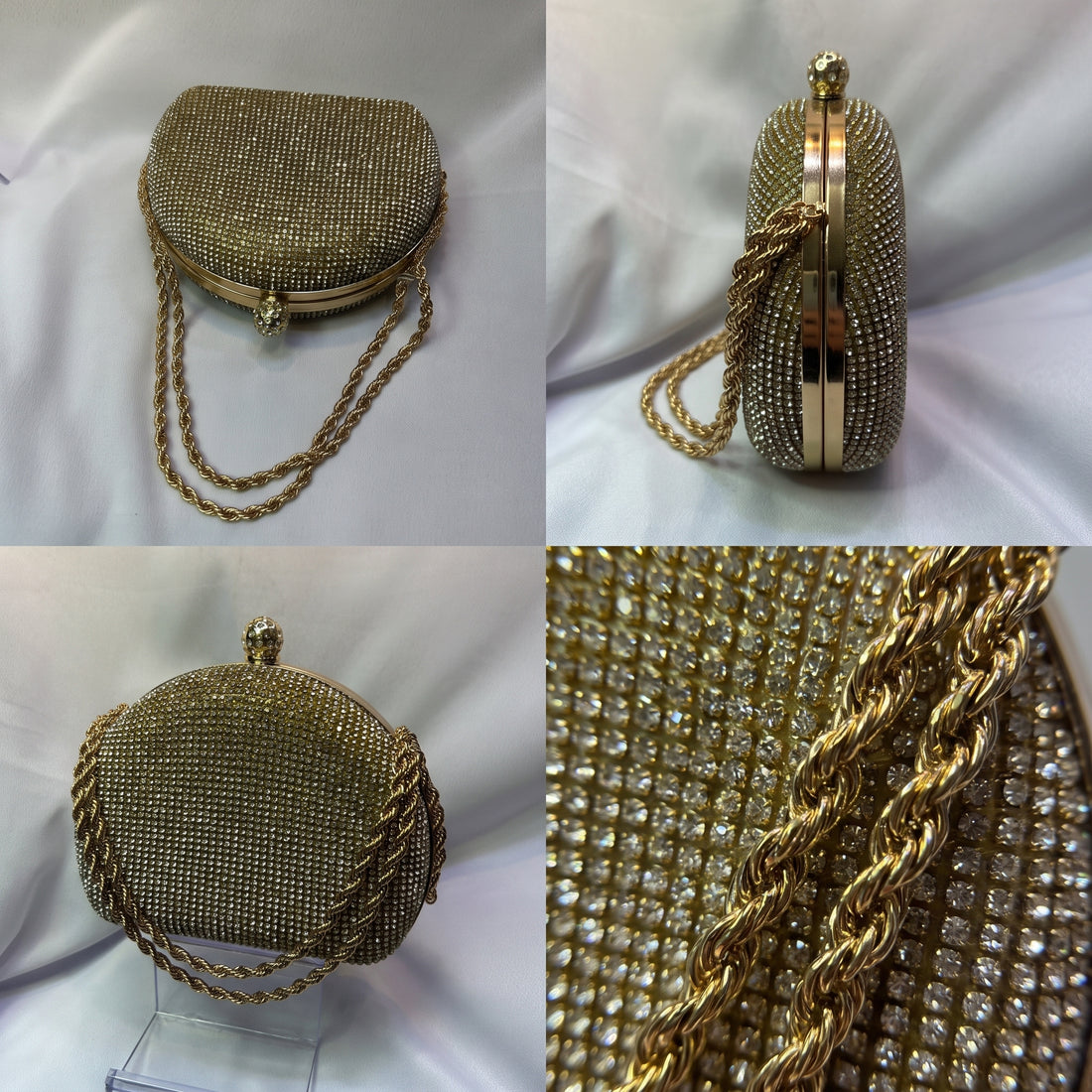 Gold Full Rhinestone Round Clutch Bag with Twisted Rope Chain Strap