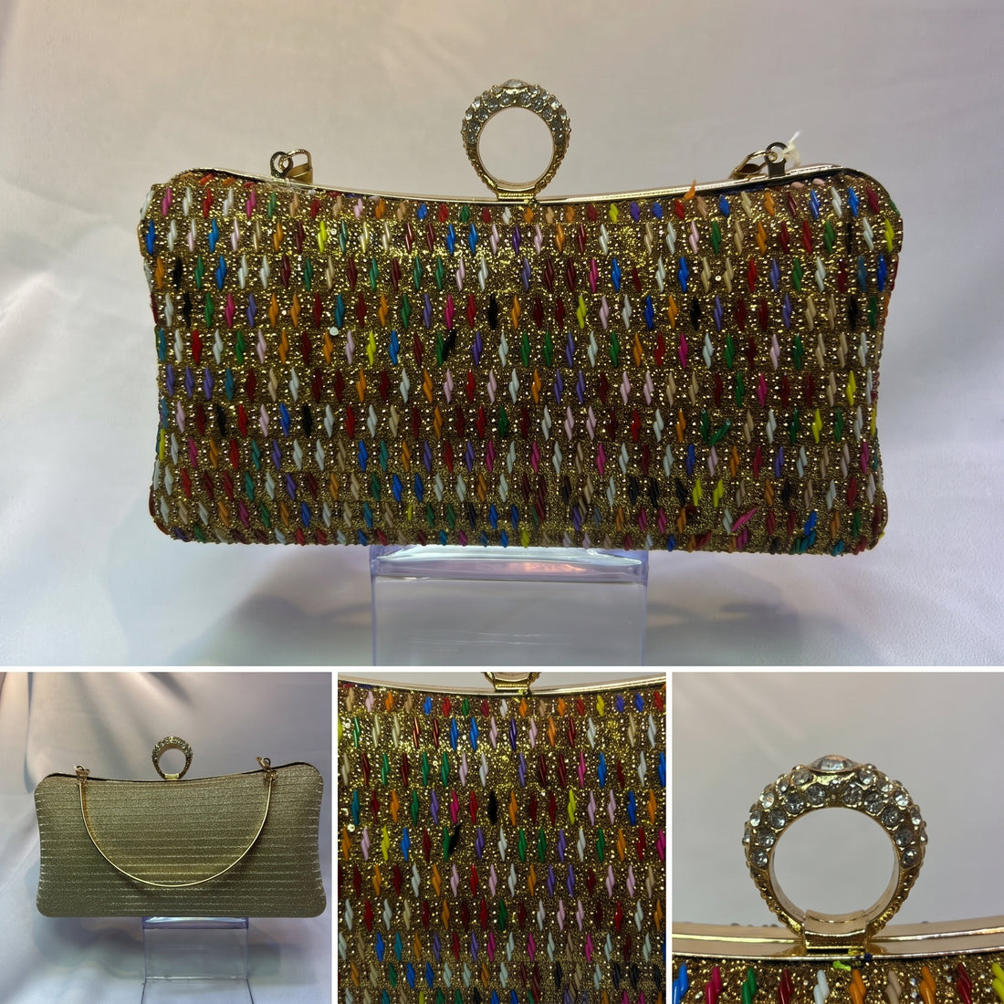 Multicolour Crystal Beaded Clutch Bag with Diamond Ring Clasp & Gold Handle