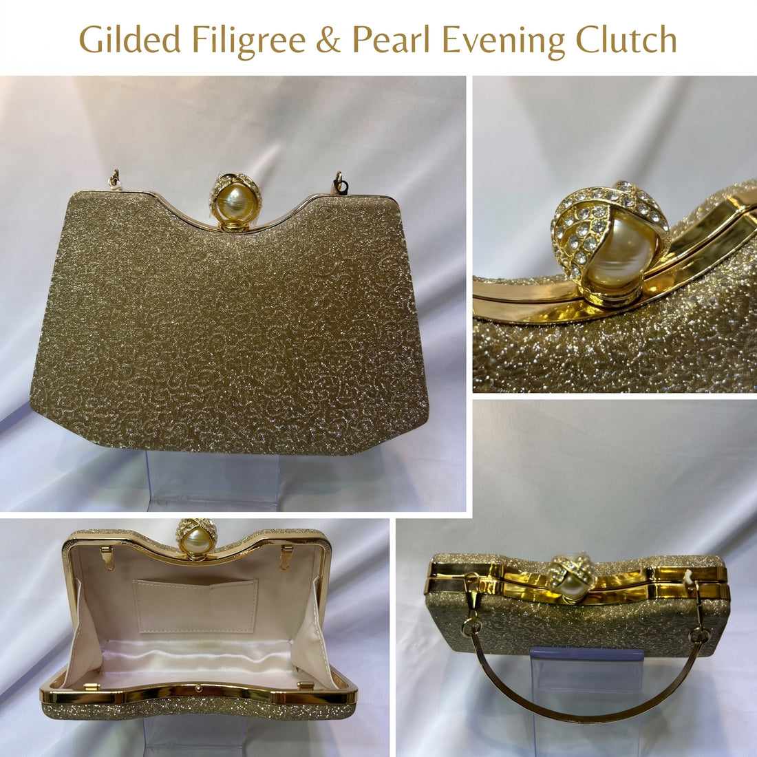 Gilded Filigree & Pearl Evening Clutch Bag with Satin Interior