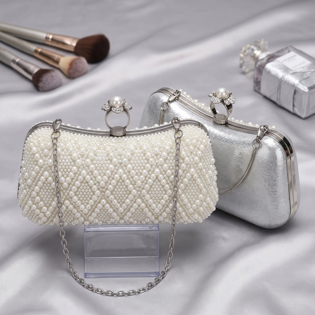 Ivory Pearl Beaded Clutch Bag with Crystal Flower Ring Clasp & Chain Strap