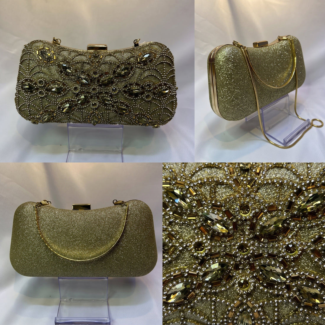 Gold Glitter Floral Gemstone Clutch Bag with Smoky Crystal Centrepiece
