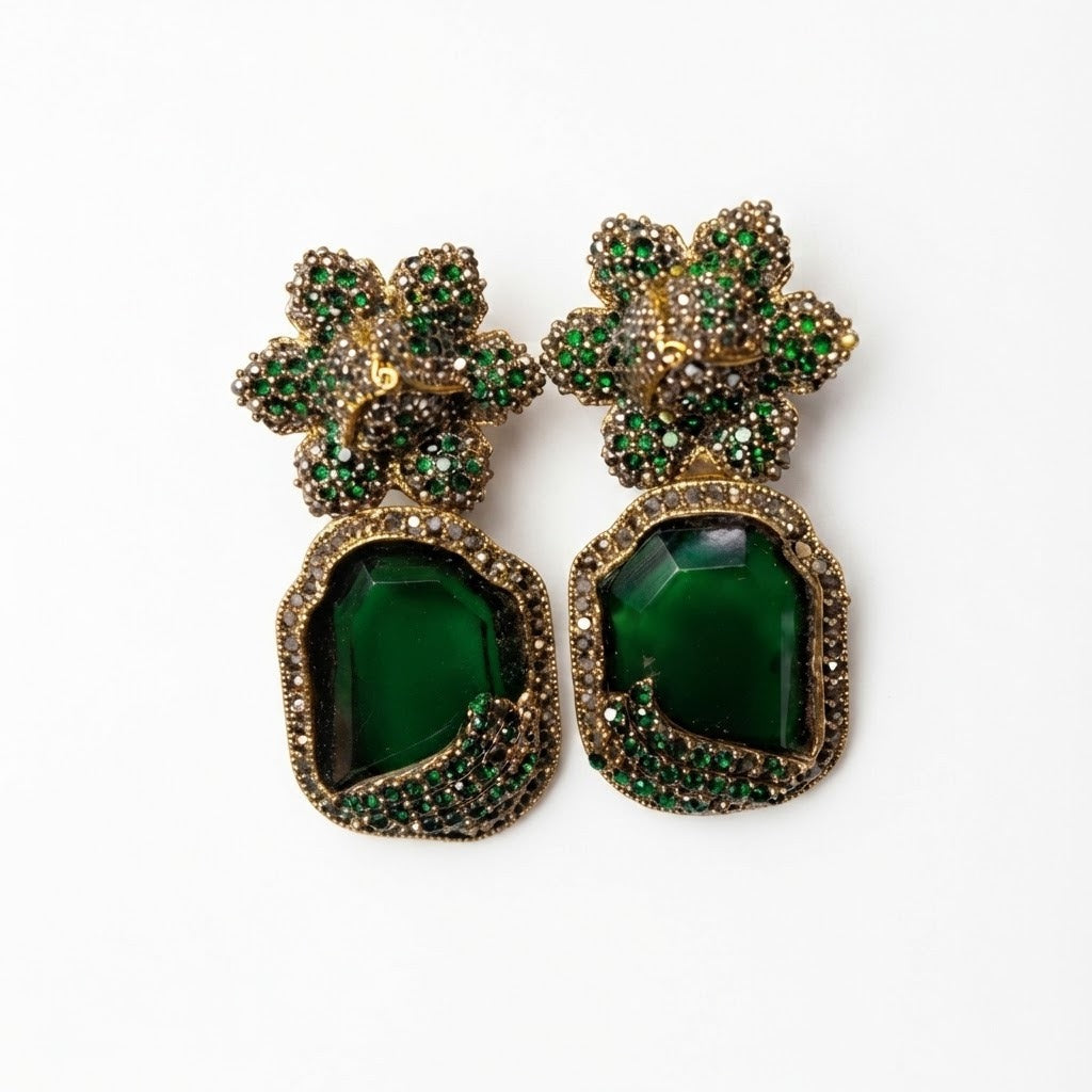 Antique Gold Flower & Gemstone Drop Earrings | Mughal Bridal Earrings