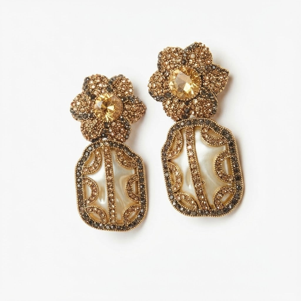 Antique Gold Flower & Pearl Drop Earrings | Crystal Mughal Bridal Earrings