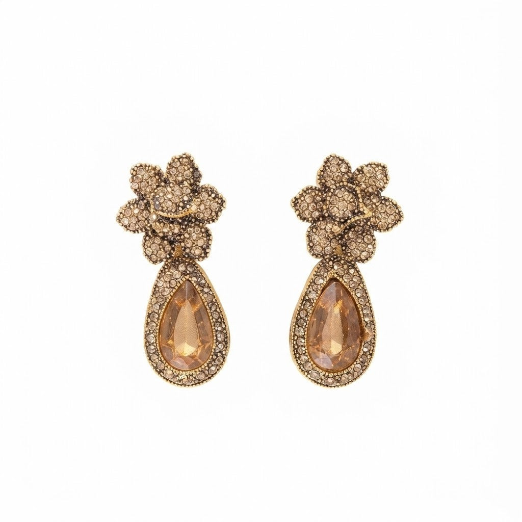 Antique Gold Crystal Flower Drop Earrings | Champagne Teardrop Bridal Earrings