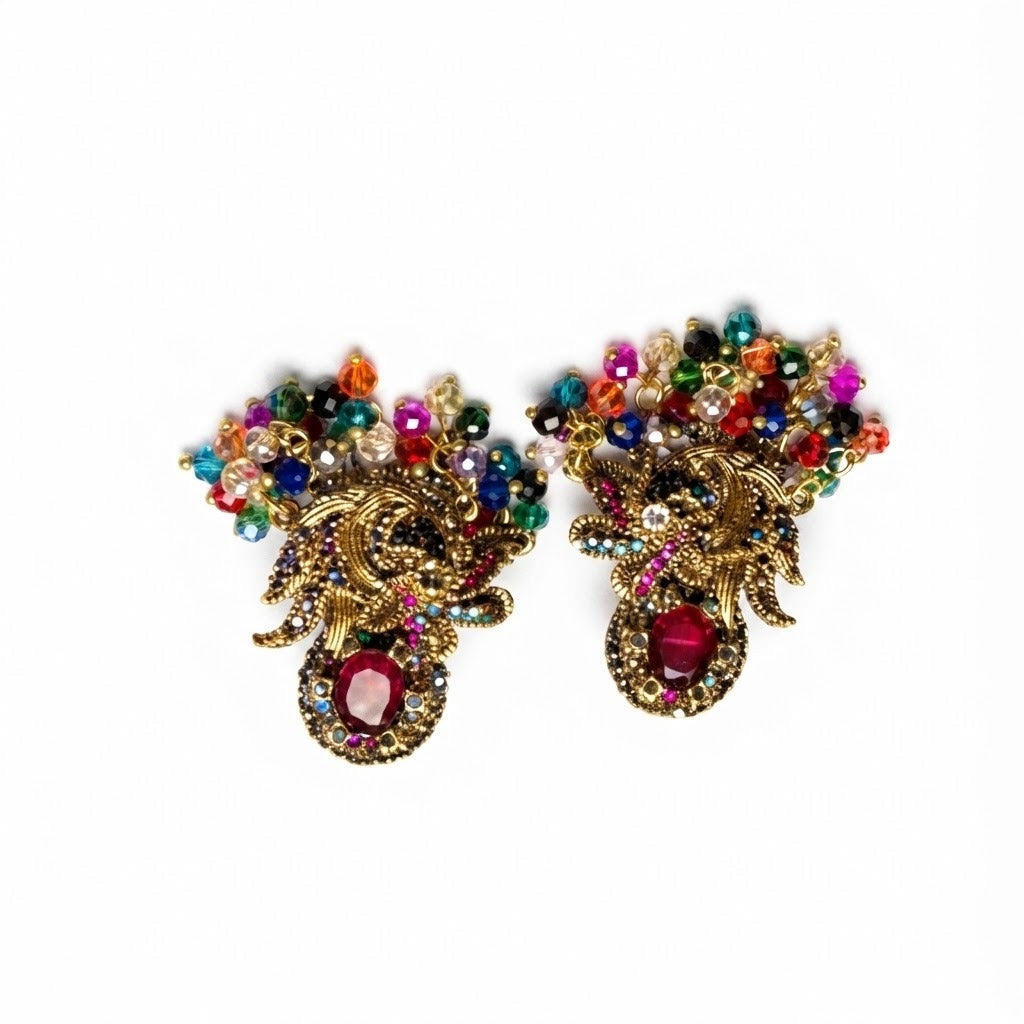 Antique Gold Ruby & Multicolor Crystal Beaded Earrings | Boho Bridal Style