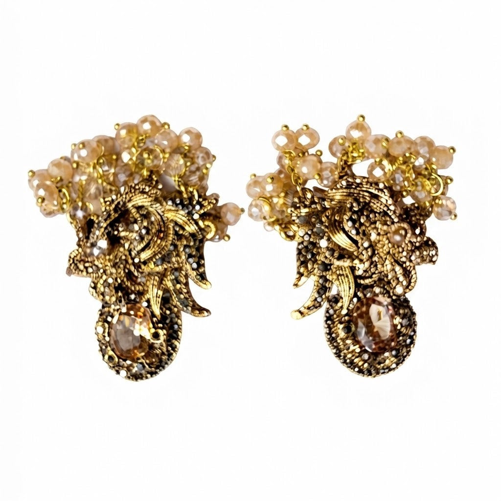 Antique Gold Champagne Crystal Cluster Earrings | Mughal Scrollwork Bridal Earrings