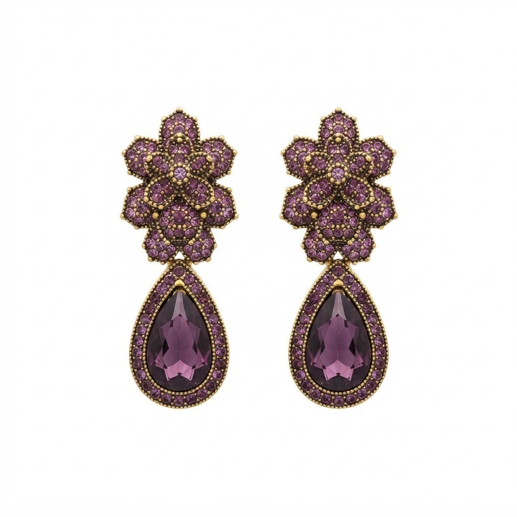 Antique Gold Amethyst Flower Teardrop Earrings | Purple Crystal Bridal Earrings