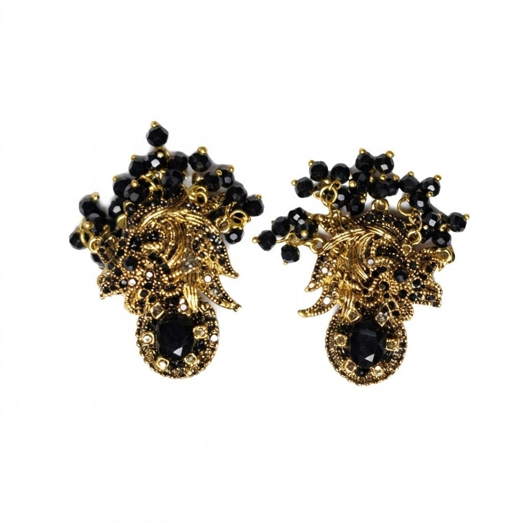 Antique Gold Black Crystal Cluster Earrings | Mughal Scrollwork Onyx Bridal Earrings