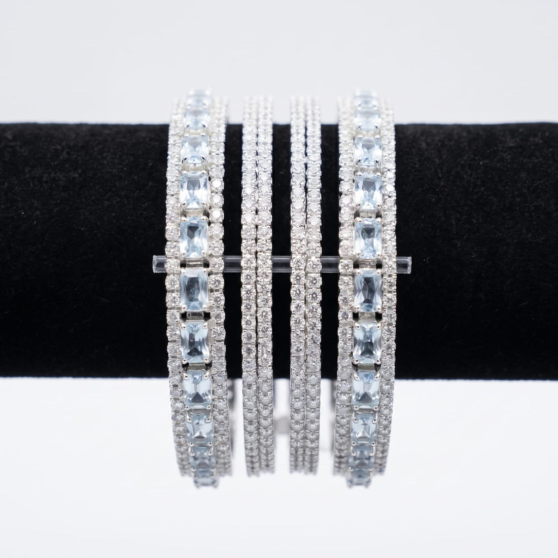 Luxury Silver Crystal Bangle Set with Aquamarine Stones – Set of 4