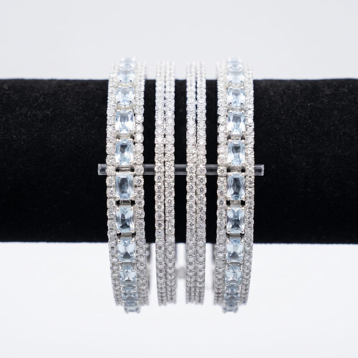 Luxury Silver Crystal Bangle Set with Aquamarine Stones – Set of 4