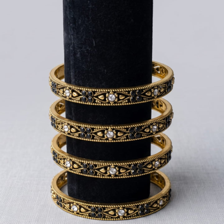 Antique Gold Bangle Set with Black & White Stones – Traditional Ethnic Bangles