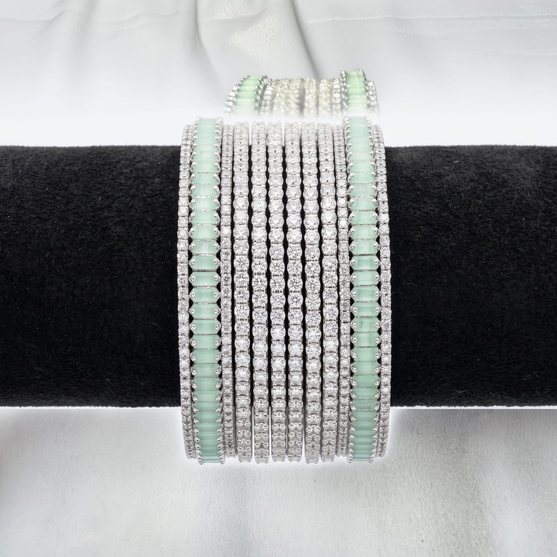 Mint Green & Silver Crystal Bangle Set – Elegant CZ Studded Bangles