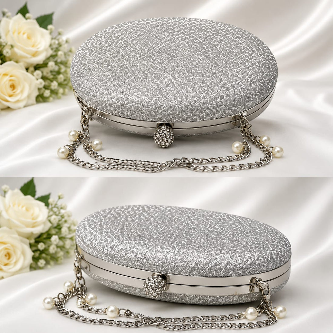 Silver Glitter Oval Clutch Bag with Pearl Chain