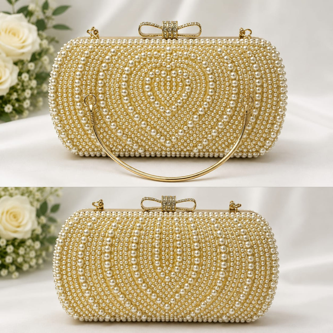 Gold Pearl Beaded Clutch Bag with Bow Clasp