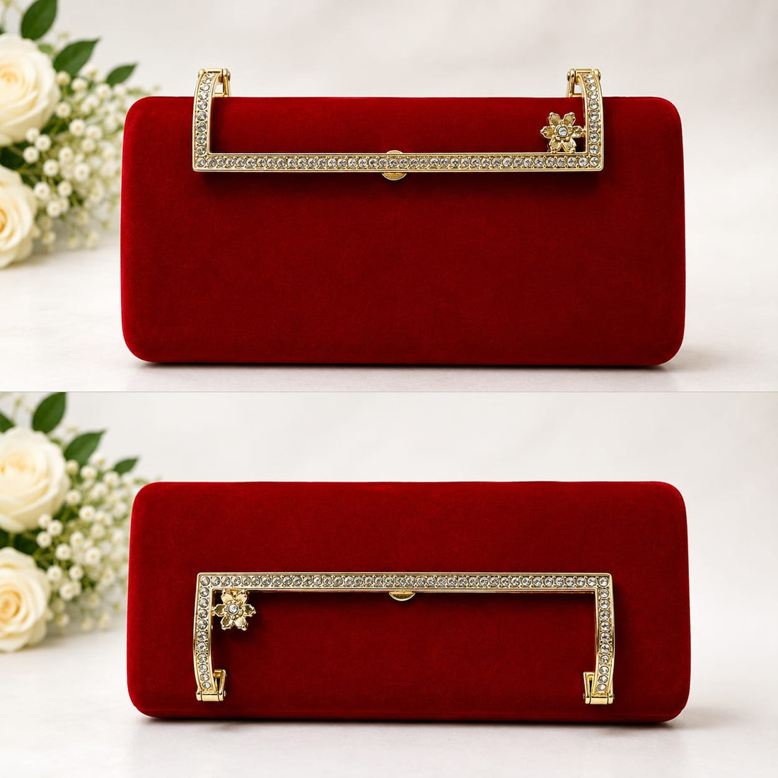 Red Velvet Clutch Bag with Gold Crystal Frame & Floral Clasp