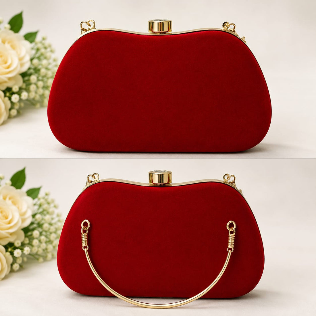 Red Velvet Clutch Bag with Diamond Crystal Clasp & Gold Bangle Handle