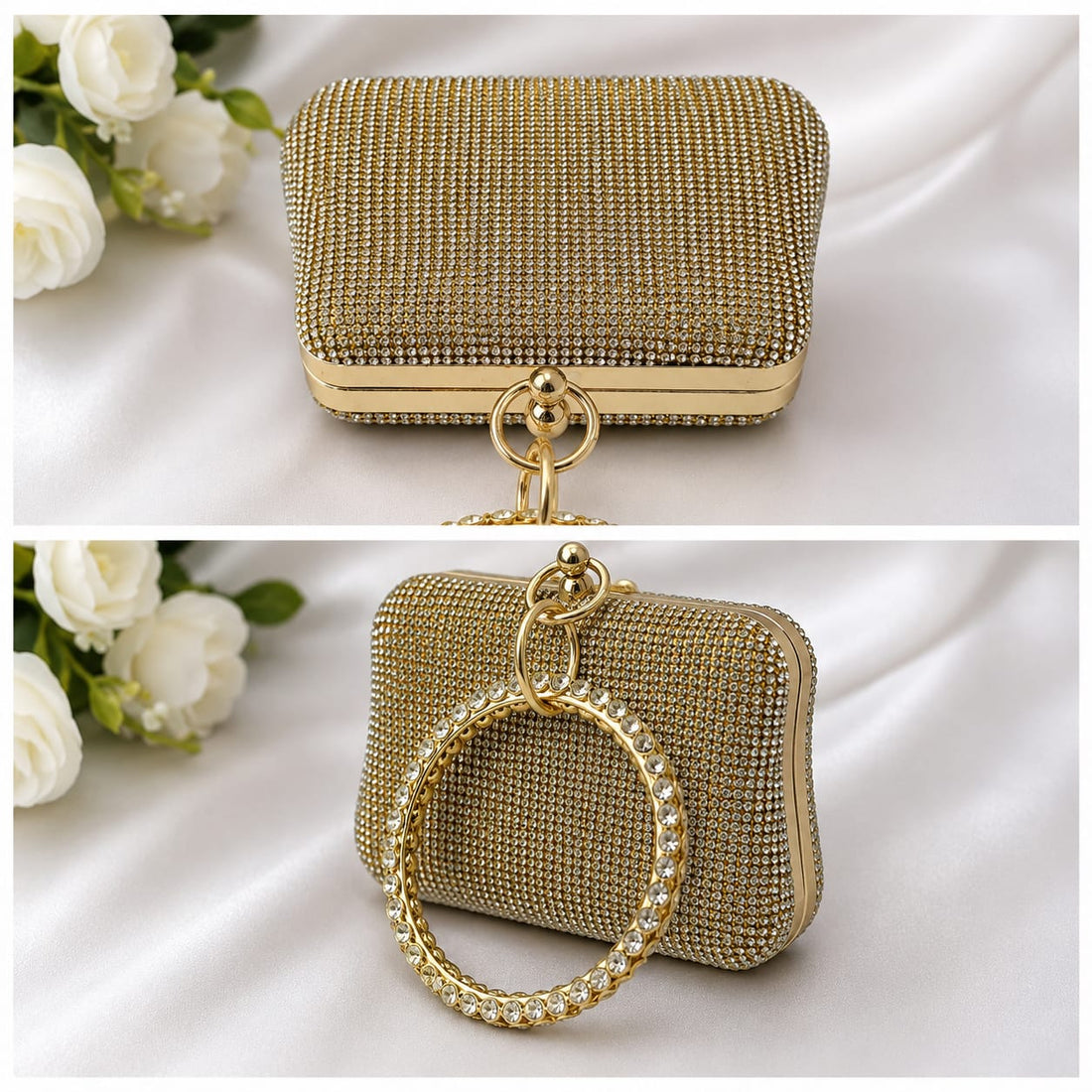 Gold Rhinestone Clutch Bag with Crystal Ring Handle
