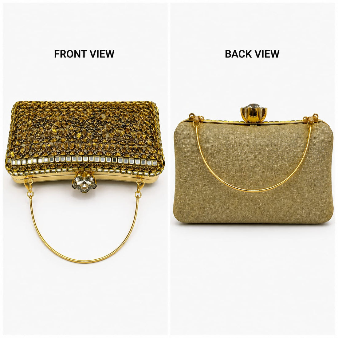 Gold Crystal Jewelled Clutch Bag with Floral Clasp & Metal Handle