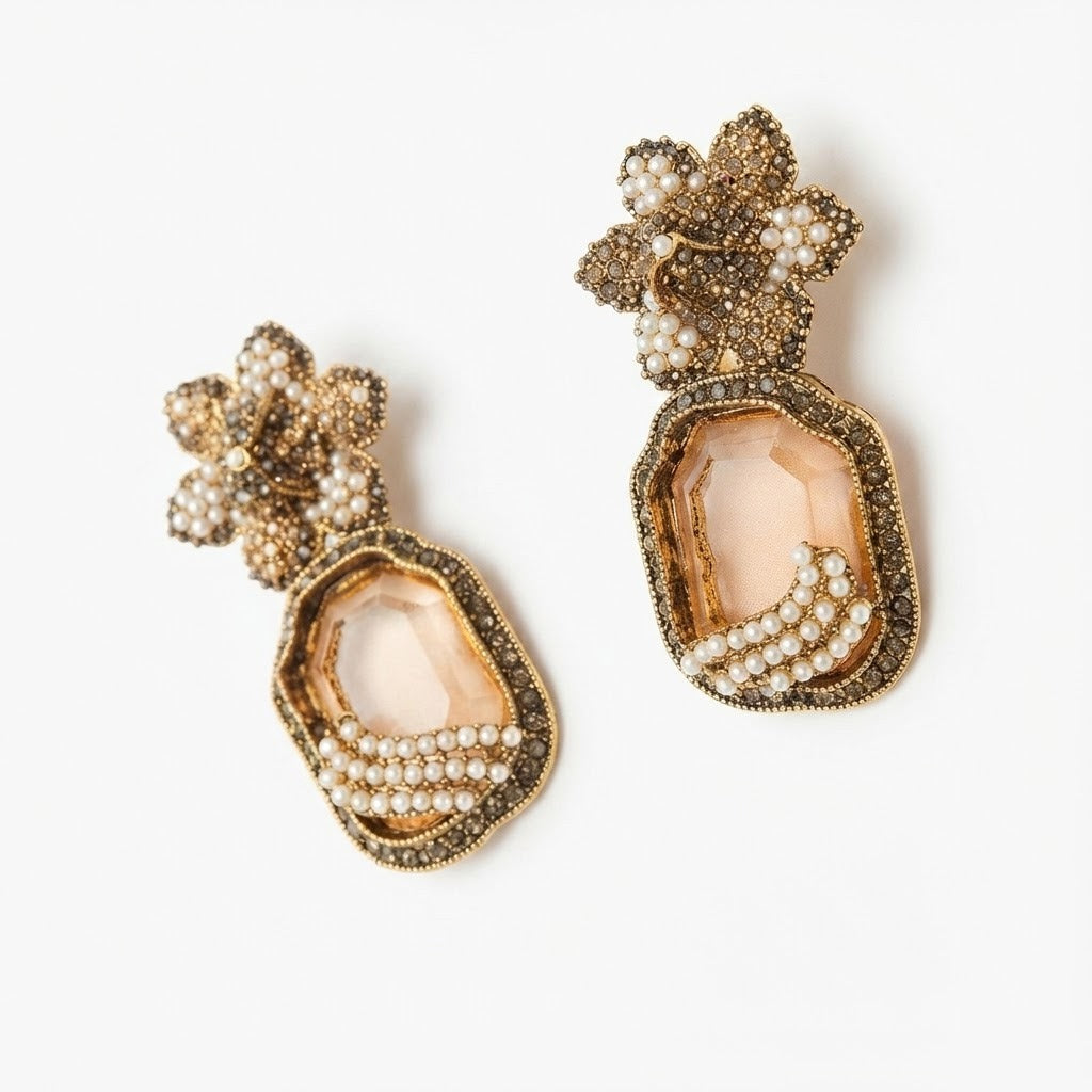 Antique Gold Flower & Gemstone Drop Earrings | Mughal Bridal Earrings
