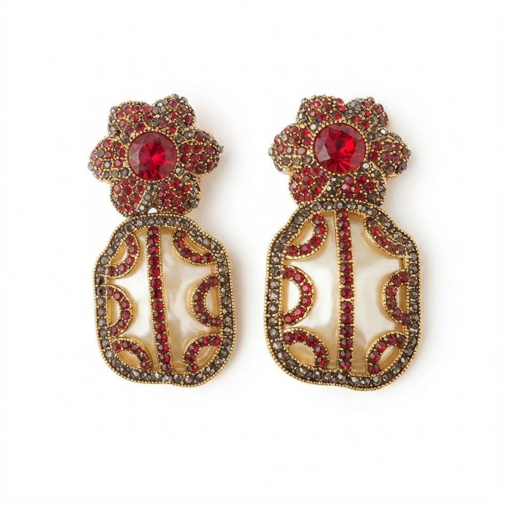 Antique Gold Flower & Pearl Drop Earrings | Crystal Mughal Bridal Earrings