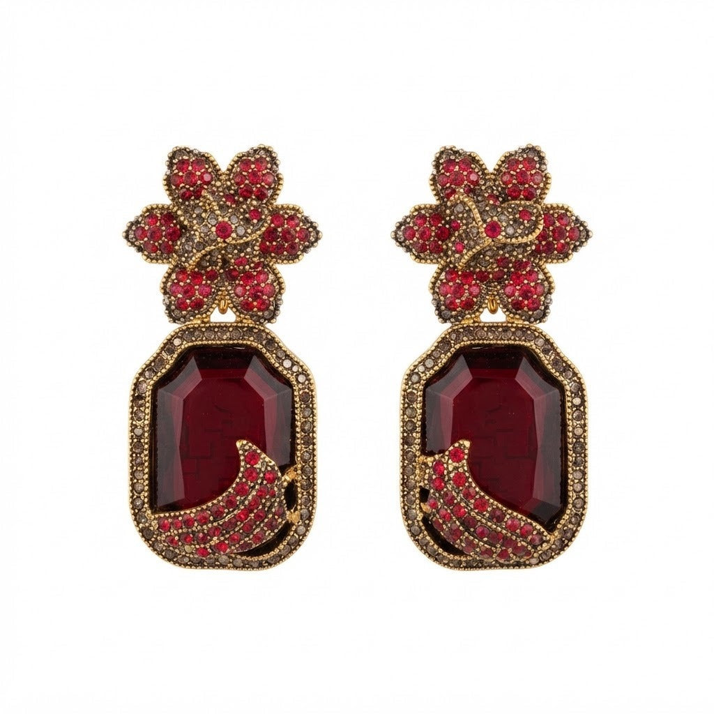 Antique Gold Flower & Gemstone Drop Earrings | Mughal Bridal Earrings