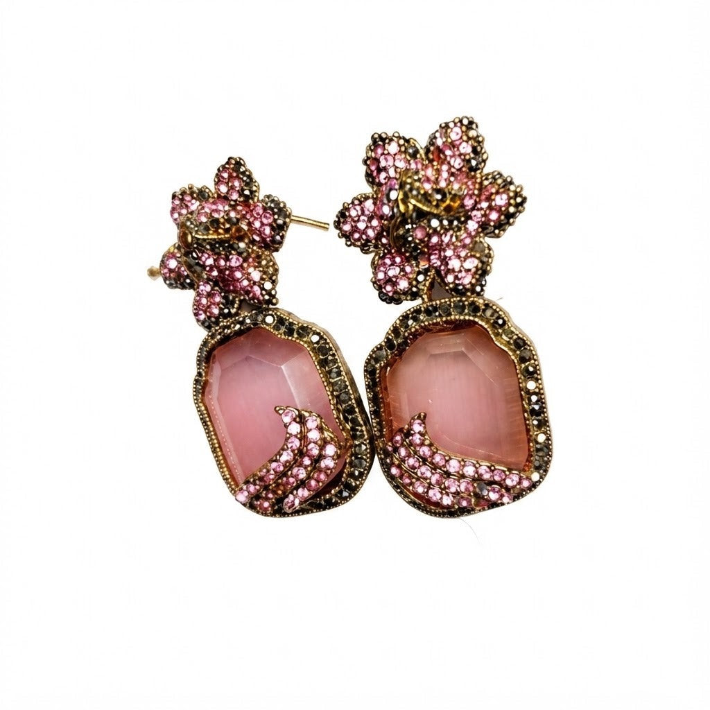 Antique Gold Flower & Gemstone Drop Earrings | Mughal Bridal Earrings