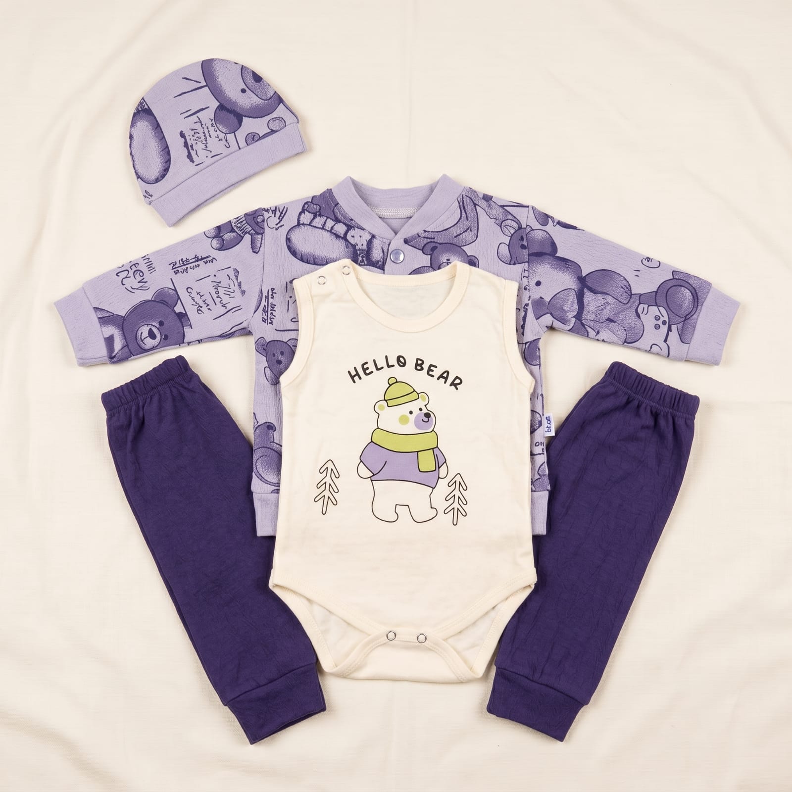 Adorable 4-Piece "Hello Bear" Baby Clothing Set – Soft Long Sleeve Cardigan, Bodysuit, Pants & Beanie (Lavender & Pink Options)
