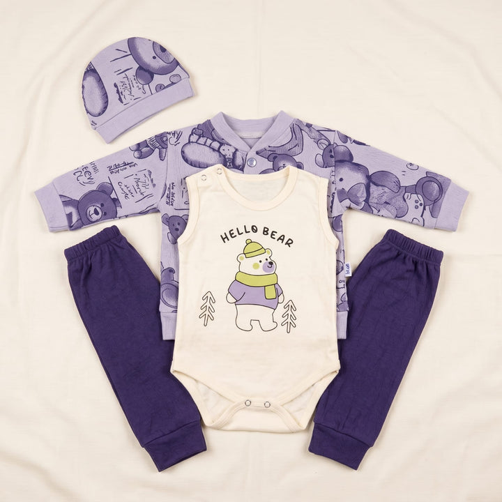 Adorable 4-Piece "Hello Bear" Baby Clothing Set – Soft Long Sleeve Cardigan, Bodysuit, Pants & Beanie (Lavender & Pink Options)
