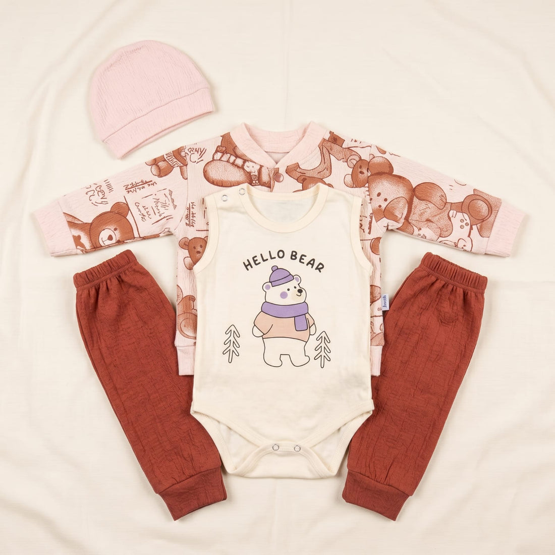 Adorable 4-Piece "Hello Bear" Baby Clothing Set – Soft Long Sleeve Cardigan, Bodysuit, Pants & Beanie (Lavender & Pink Options)
