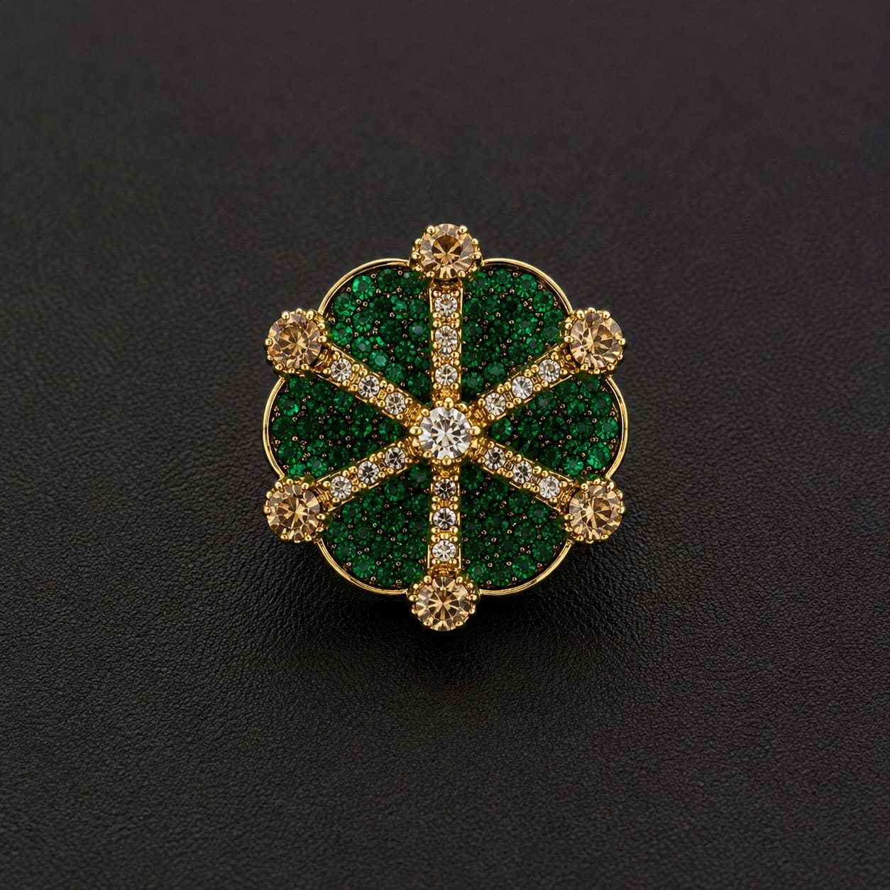 Mughal Starburst Mandala Cocktail Ring – Emerald Green & Blush Pink