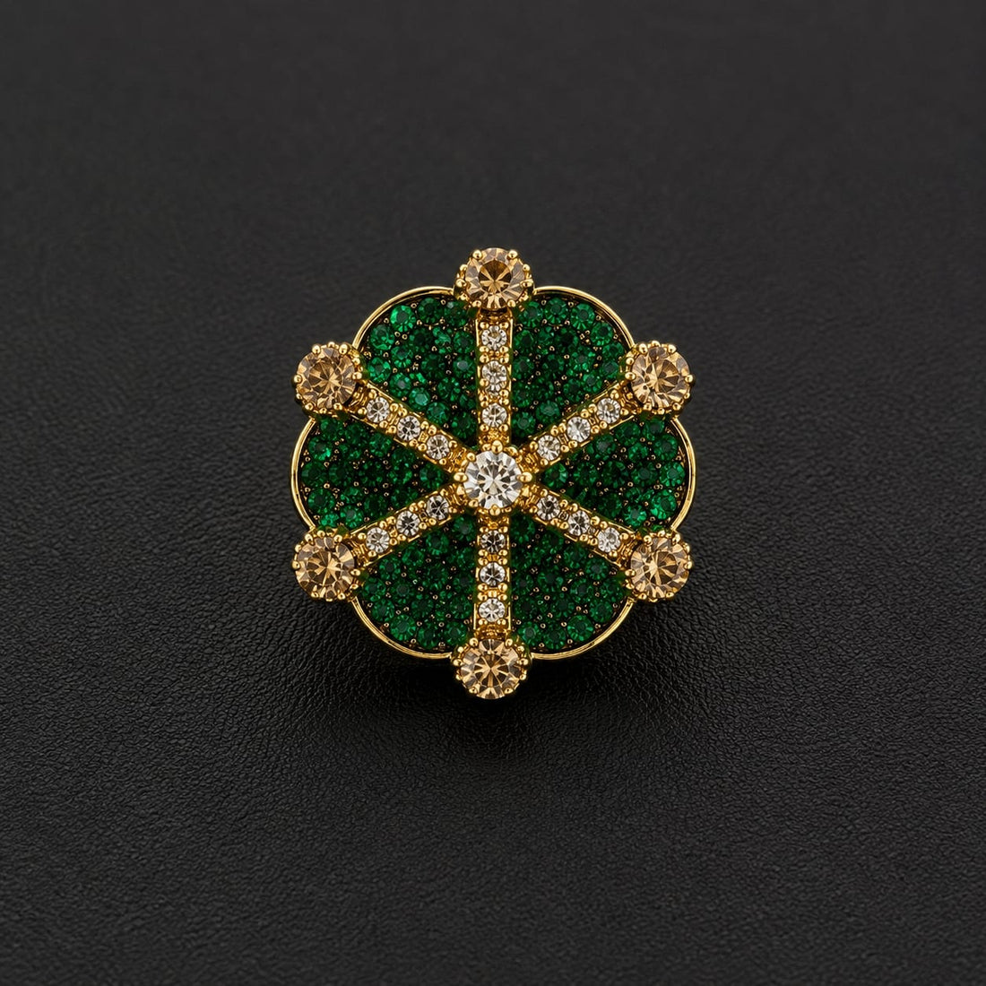Mughal Starburst Mandala Cocktail Ring – Emerald Green & Blush Pink