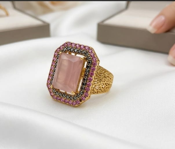 Mughal Filigree Statement Ring – Pink, Citrine & Ruby