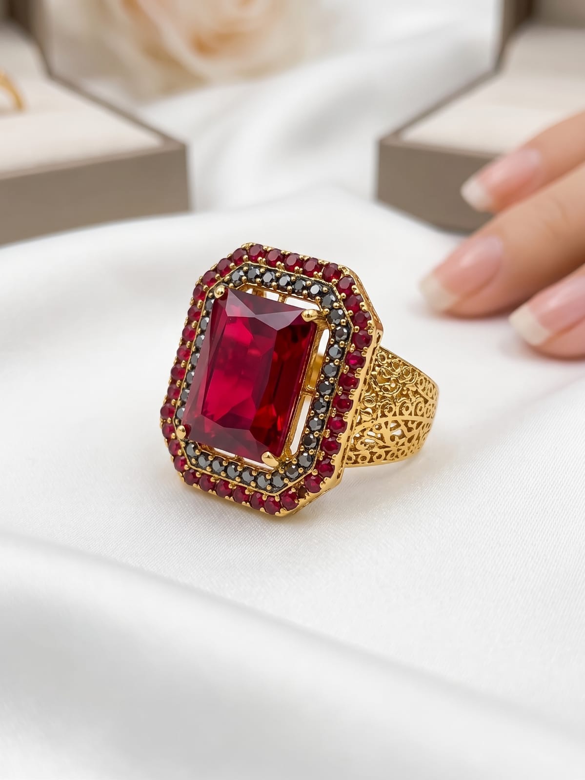 Mughal Filigree Statement Ring – Pink, Citrine & Ruby