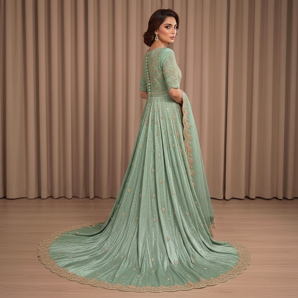 Square product image of Mint Green Mughal Zardozi Bridal Anarkali Lehenga