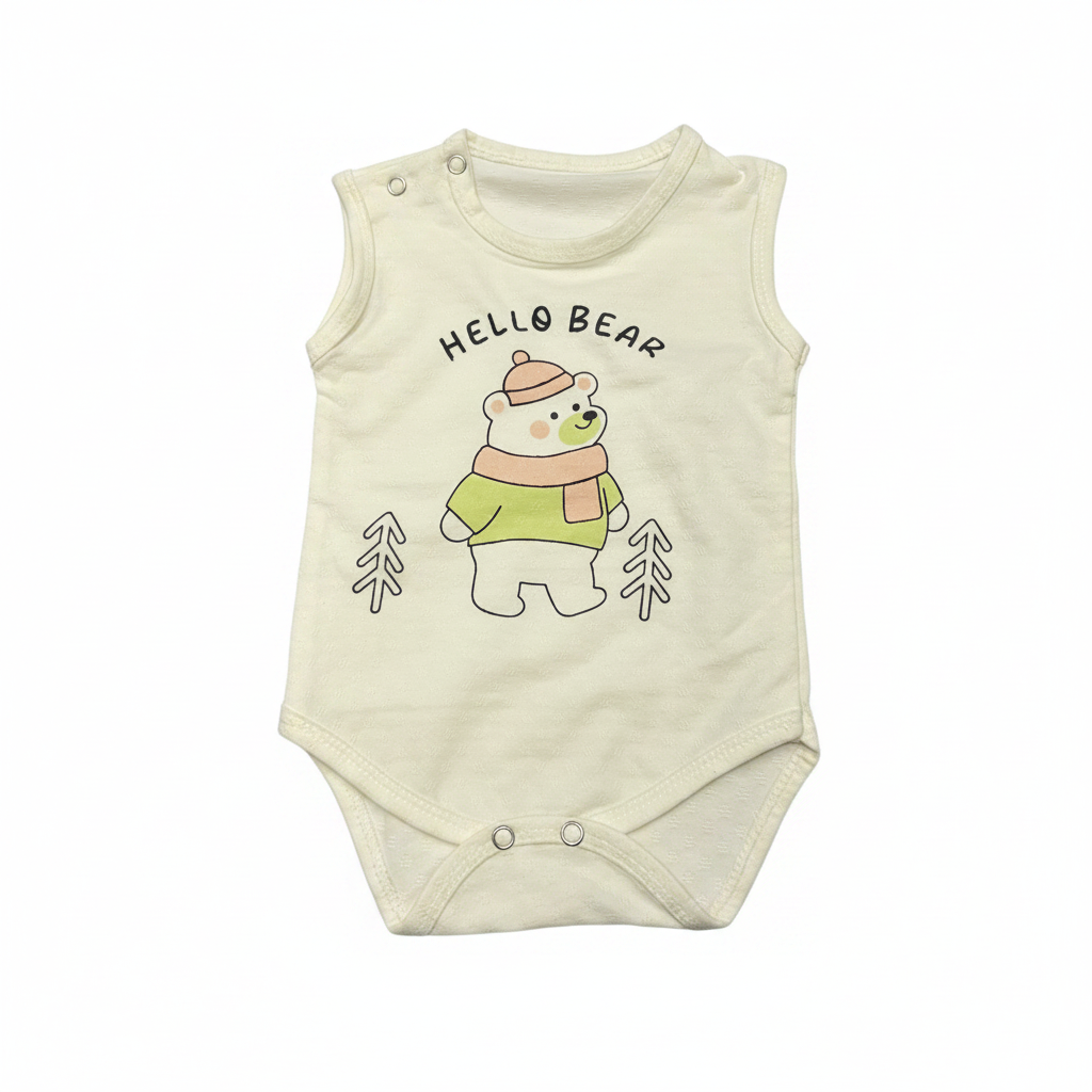 Hello Bear onesie cream white background