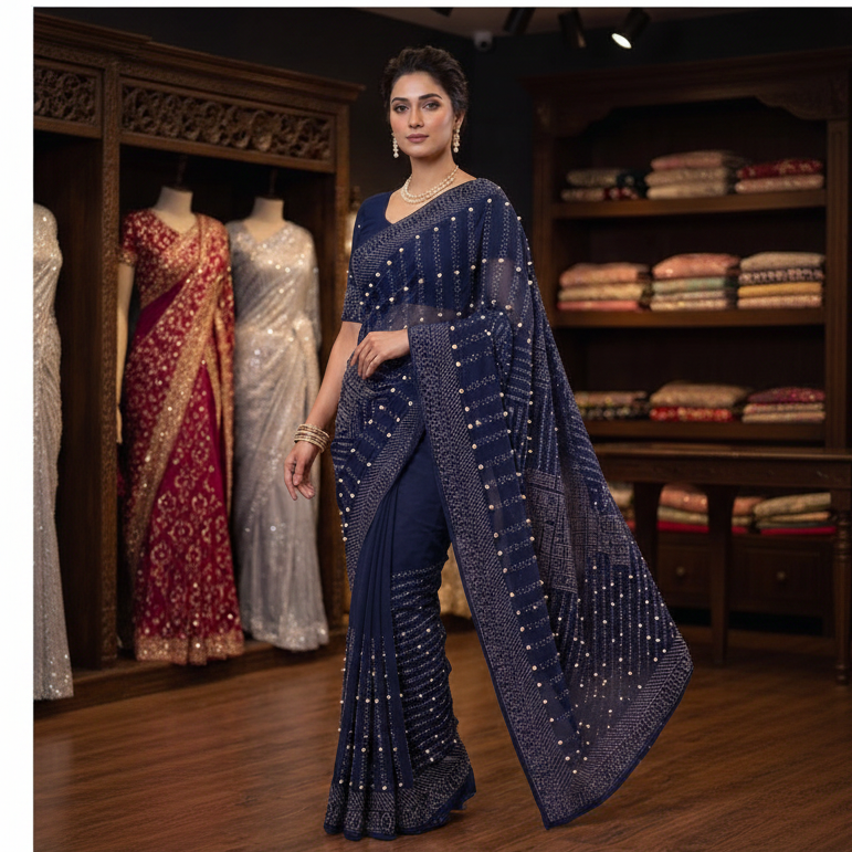 Square product image - Midnight Navy Pearl Crystal Embellished Party Saree