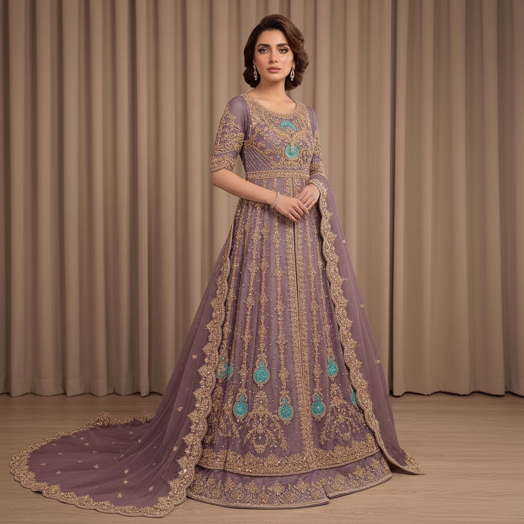 Square product image of Dusty Mauve Mughal Zardozi Bridal Anarkali Lehenga