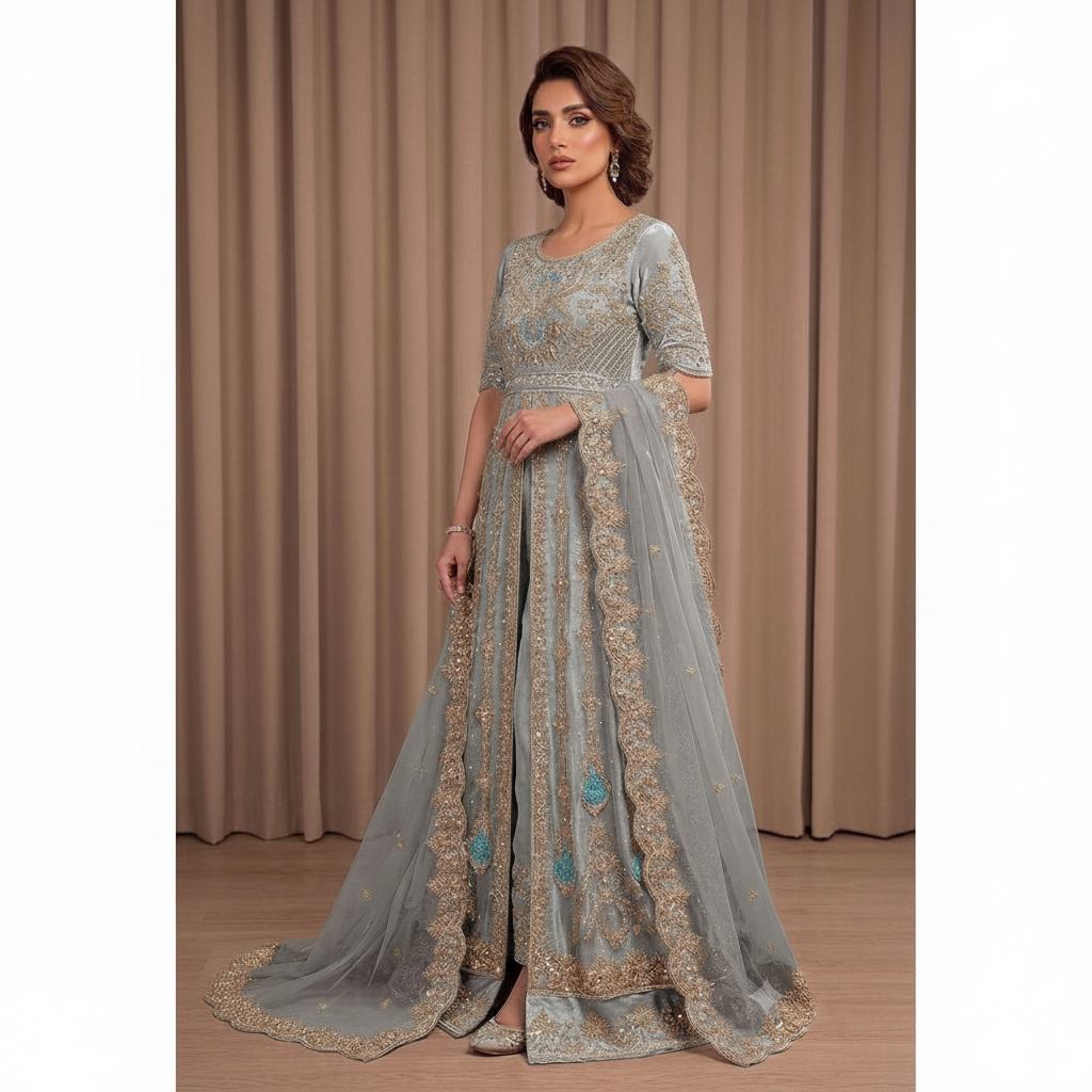 Square product image of Sage Grey-Blue Mughal Zardozi Bridal Anarkali Lehenga