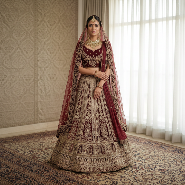 Square product image - Royal Maroon Bridal Lehenga Choli with dupatta and gold embroidery