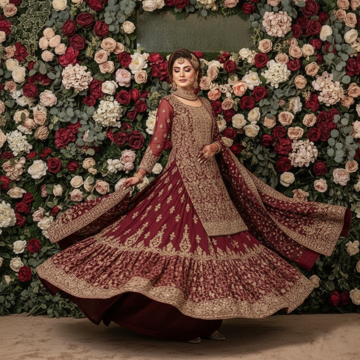 Square product image - Royal Maroon Tiered Bridal Lehenga Gharara with gold zardozi embroidery