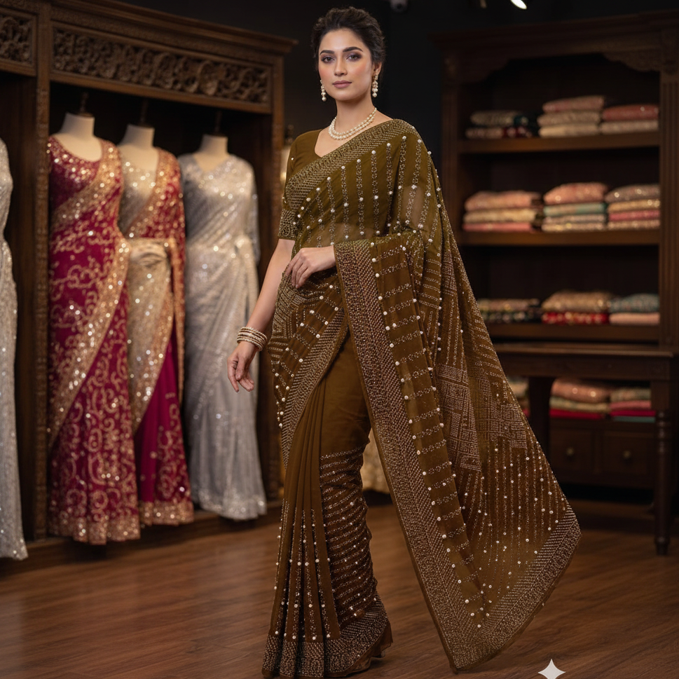 Olive Gold Pearl Saree